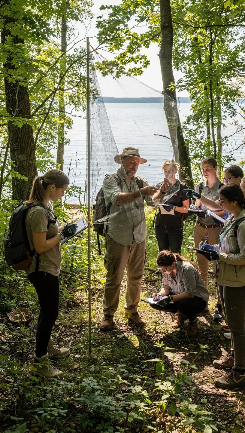 Egy ornitológus távcsővel figyeli a madarakat az erdőben.