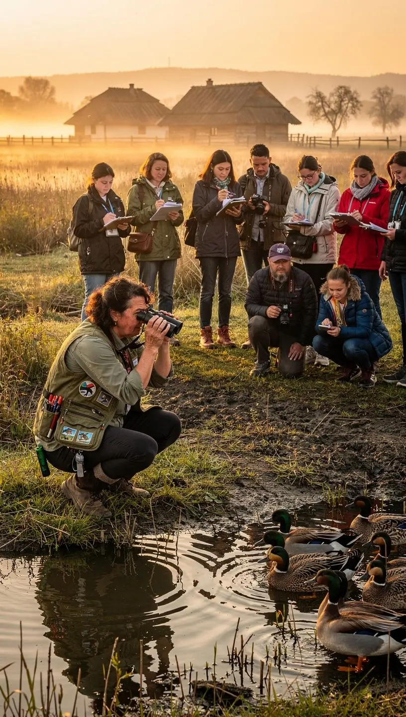 Színes madarak az ágakon, amelyeket az azonosításuk érdekében figyelnek.