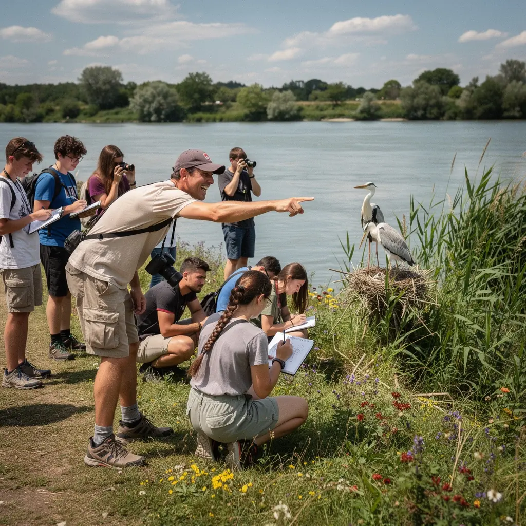 Egy szakértő bemutatja a madármegfigyelés technikáit egy csoportnak a szabadban.