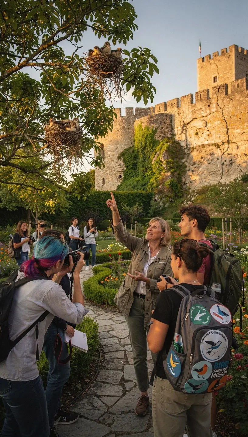 Felnőttek és gyerekek közösen figyelik a madarakat egy természetvédelmi területen.