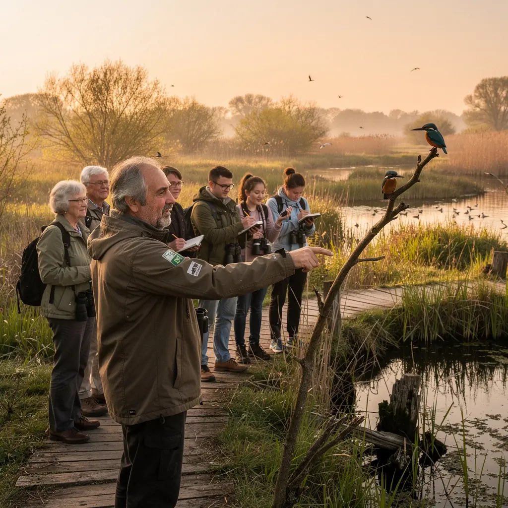 Felnőttek és gyerekek közösen figyelik a madarakat egy természetvédelmi területen.