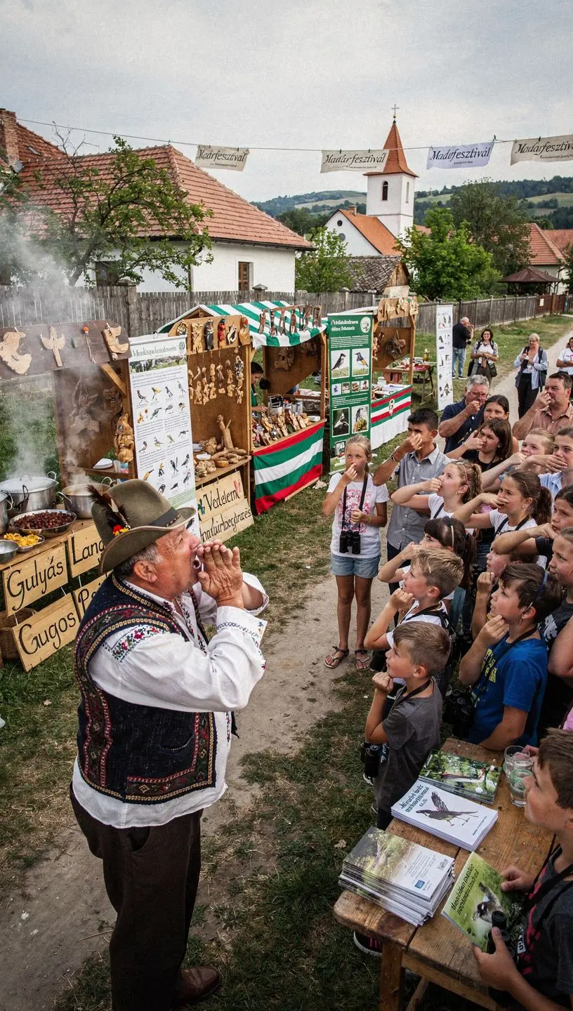 Felnőttek és gyerekek közösen figyelik a madarakat egy természetvédelmi területen.