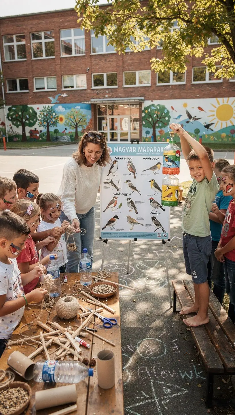 Felnőttek és gyerekek közösen figyelik a madarakat egy természetvédelmi területen.