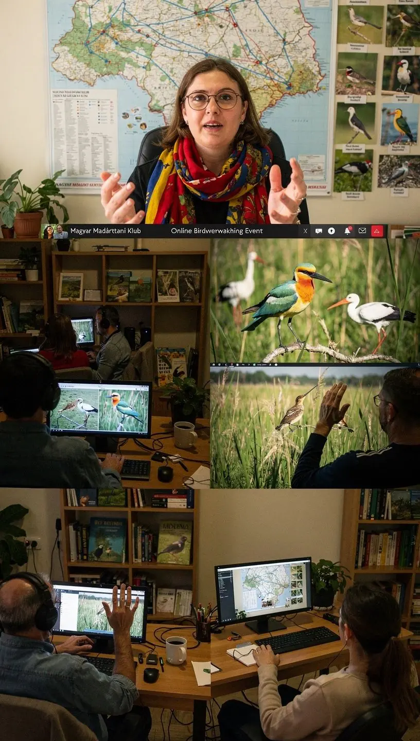Felnőttek és gyerekek közösen figyelik a madarakat egy természetvédelmi területen.