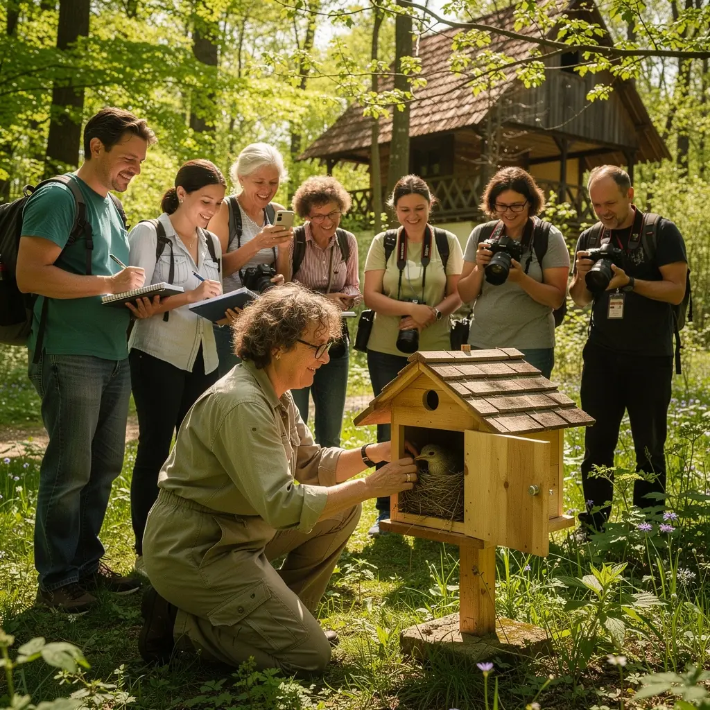 Madárfajok azonosítására szolgáló jegyzetek és útmutatók egy asztalon.